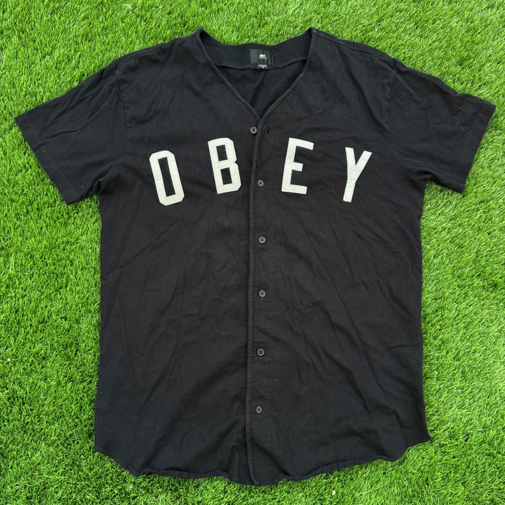 Obey Worldwide Mens M Black Baseball Jersey Button Up Shirt Logo Streetwear